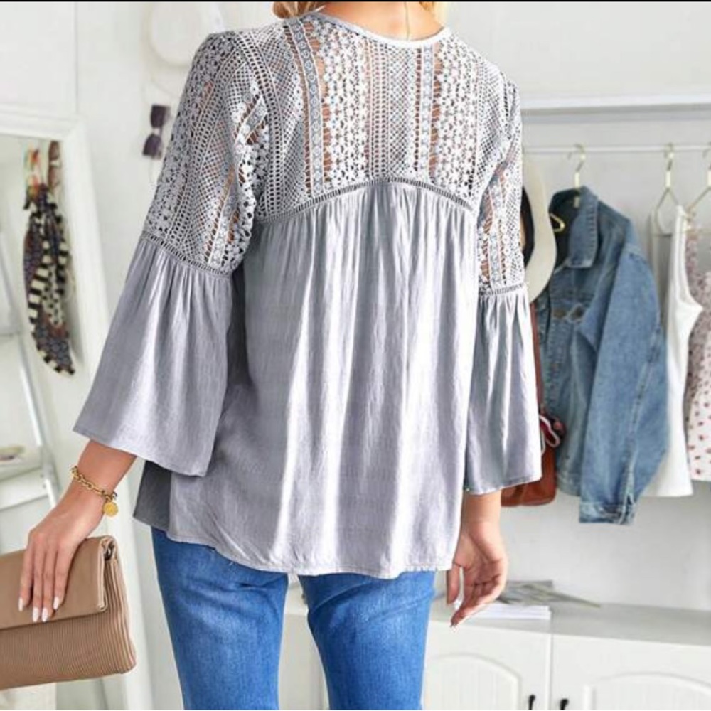 Boho Sheer Lace Flounce Sleeve Button Down Shirt Top Blouse - Picture 3 of 6
